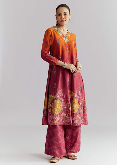 Orange Ombre Crepe Palazzo Suit With Floral Print