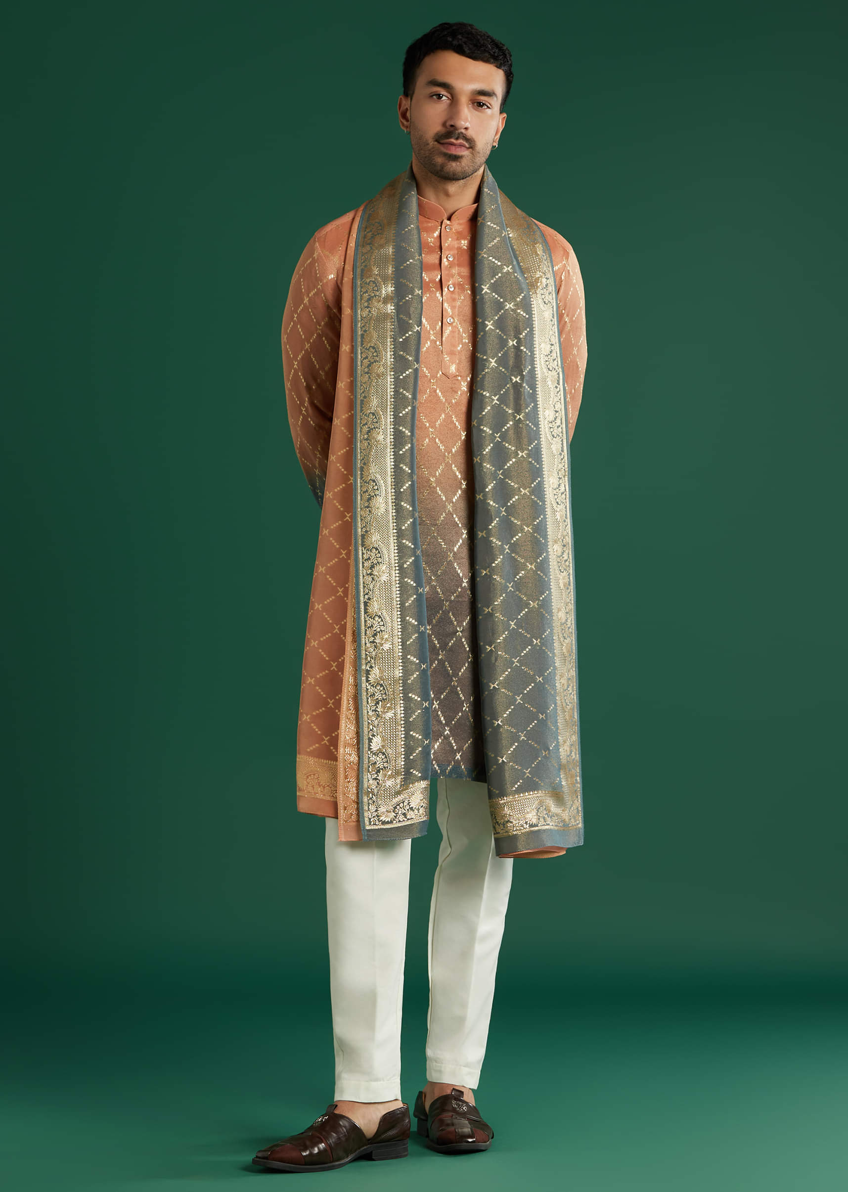 Orange Ombre Silk Kurta Set For Men With Diamond Pattern