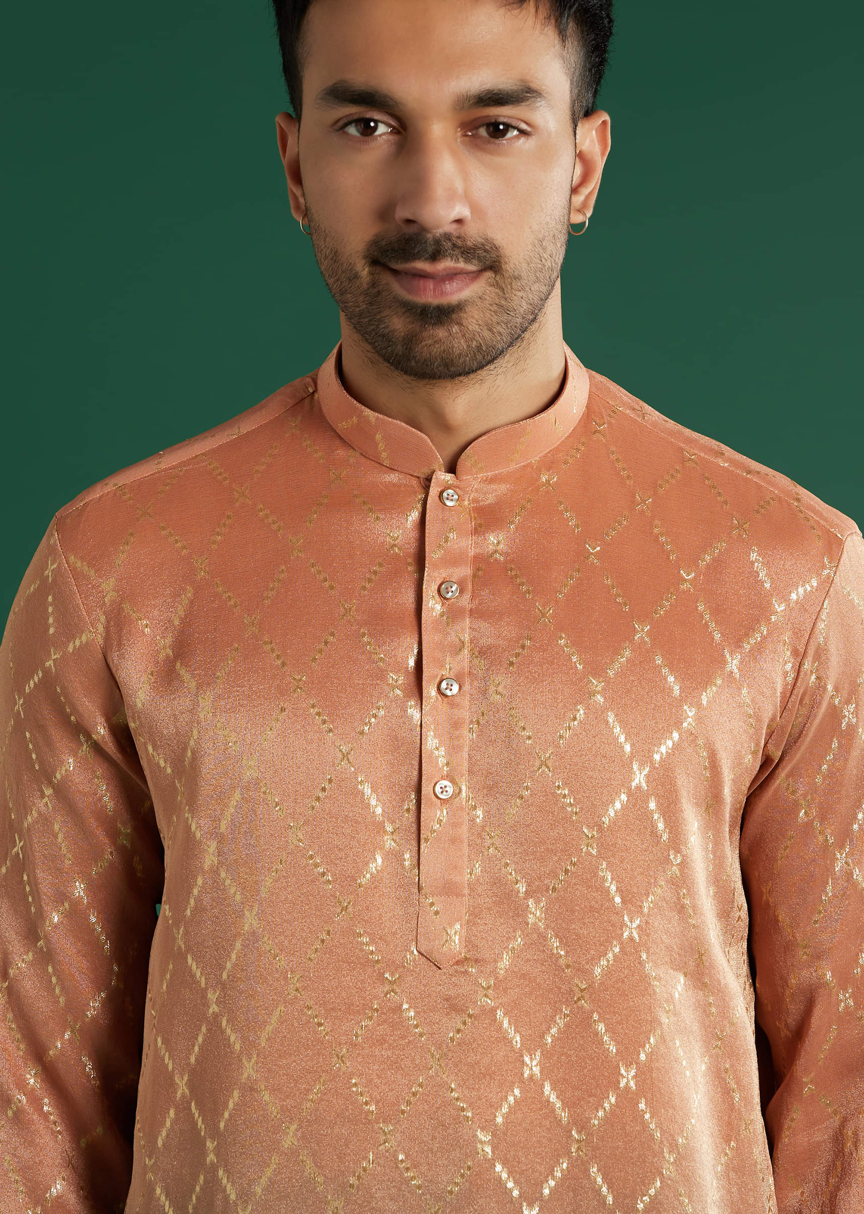 Orange Ombre Silk Kurta Set For Men With Diamond Pattern