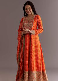 Orange Russian Silk Bandhani Anarkali Dupatta Suit