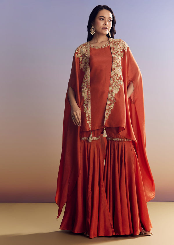 Orange Sharara With Zari Cape