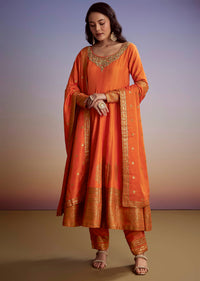 Orange Silk Anarkali Suit With Heavy Embroidery And Weave Border