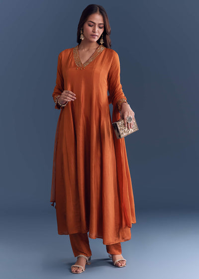 Orange Silk Anarkali Suit With Sequins And Cutdana Work