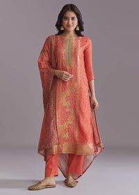 Orange Silk Kurta Set With Floral Print