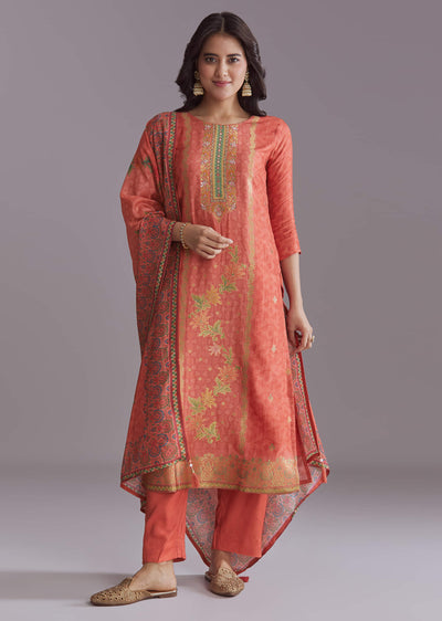 Orange Silk Kurta Set With Floral Print