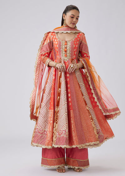 Orange Silk Mirror And Gota Lace Anarkali With Pant
