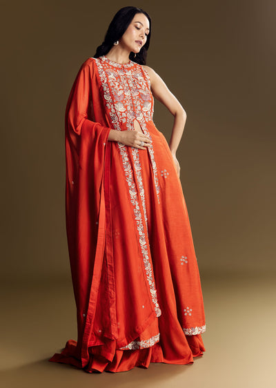 Orange Silk Palazzo Suit With Moti And Cut Dana Work