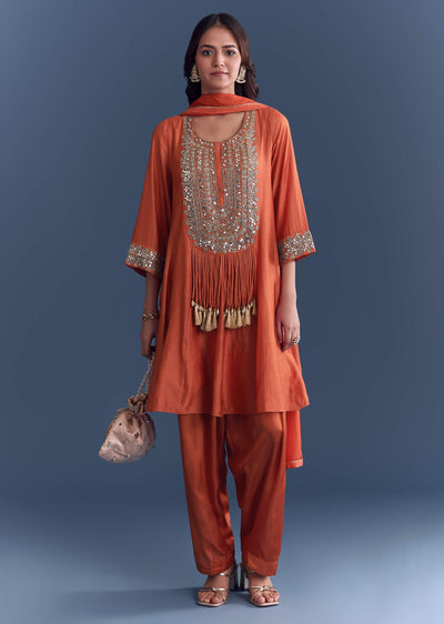 Orange Silk Patiala Suit With Mirror And Cutdana Embroidery