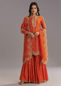 Orange Silk Sharara Set With Cut Dana and Sequins Work and Organza Dupatta