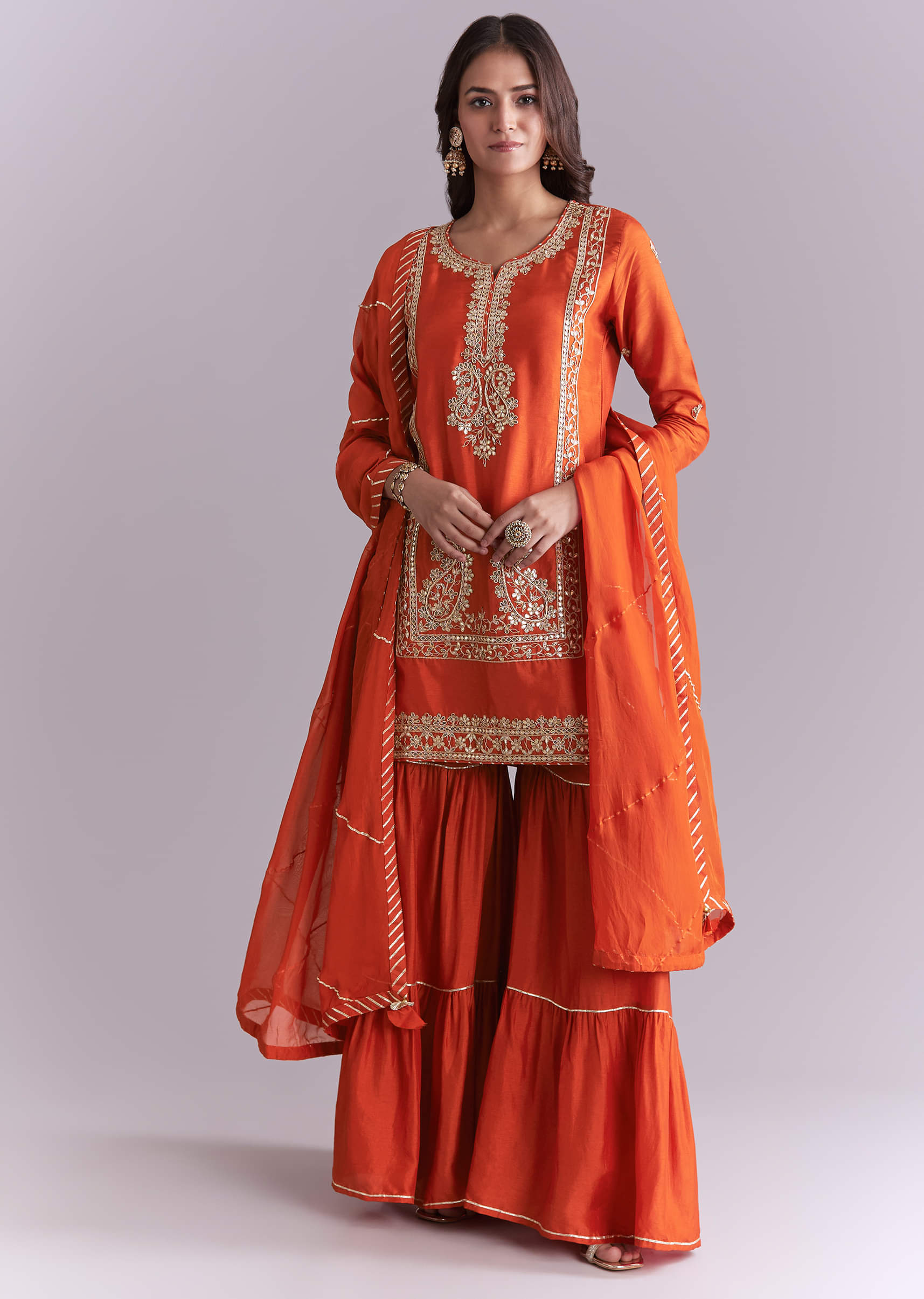 Orange Silk Sharara Suit With Gota And Zardosi Work