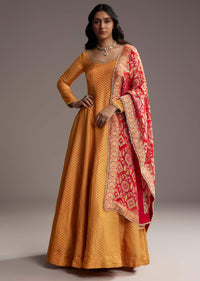 Orange Tissue Anarkali Suit With Butti Work And Printed Silk Dupatta
