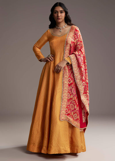 Orange Tissue Anarkali Suit With Butti Work And Printed Silk Dupatta