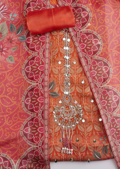 Orange Tissue Printed Unstitched Suit Set With Dupatta