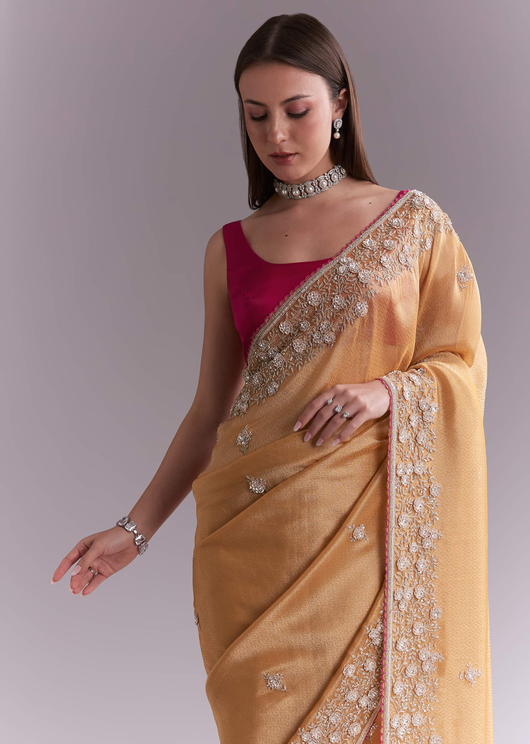 Orange Tissue Saree With Heavy Floral Embroidery