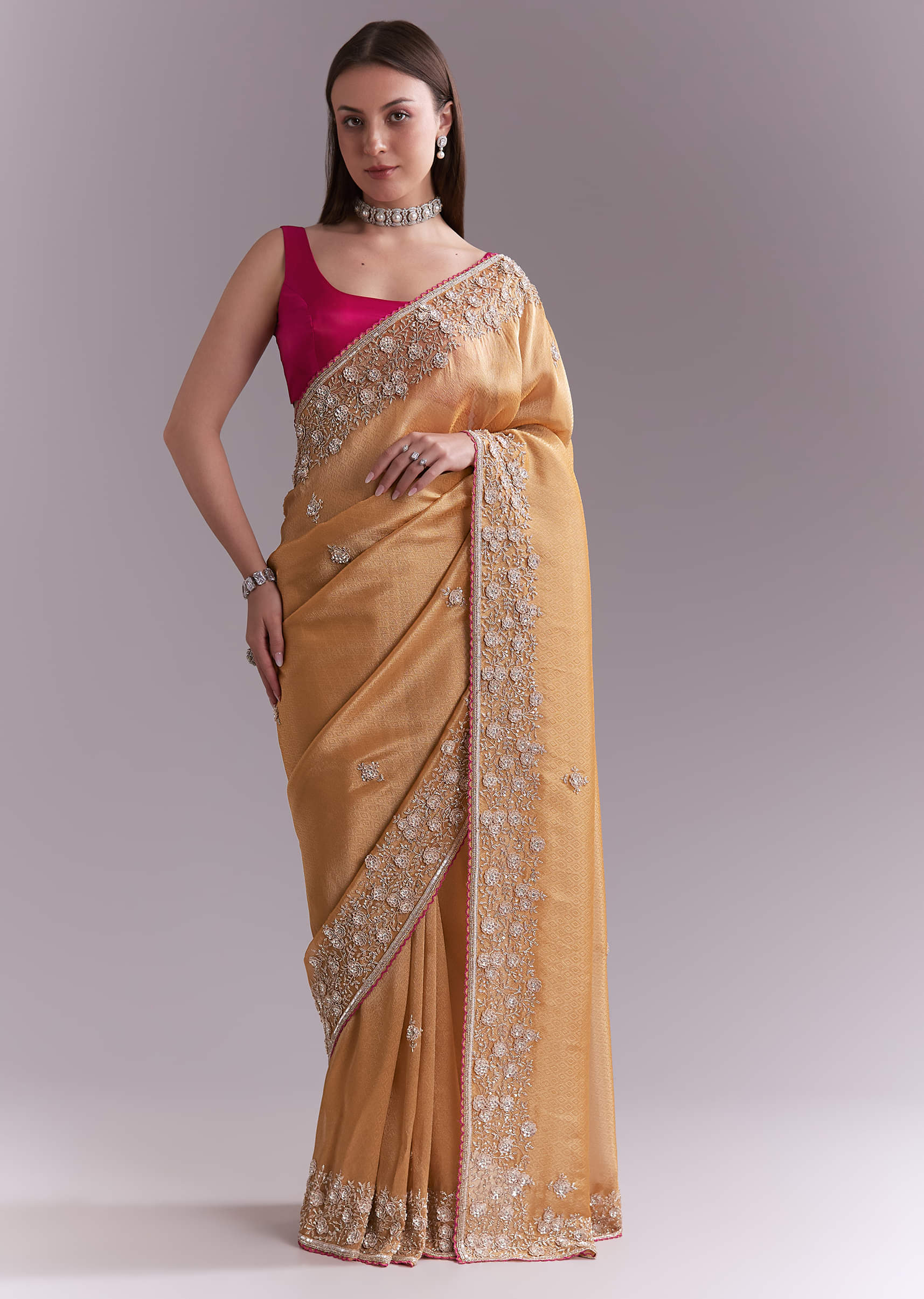 Orange Tissue Saree With Heavy Floral Embroidery