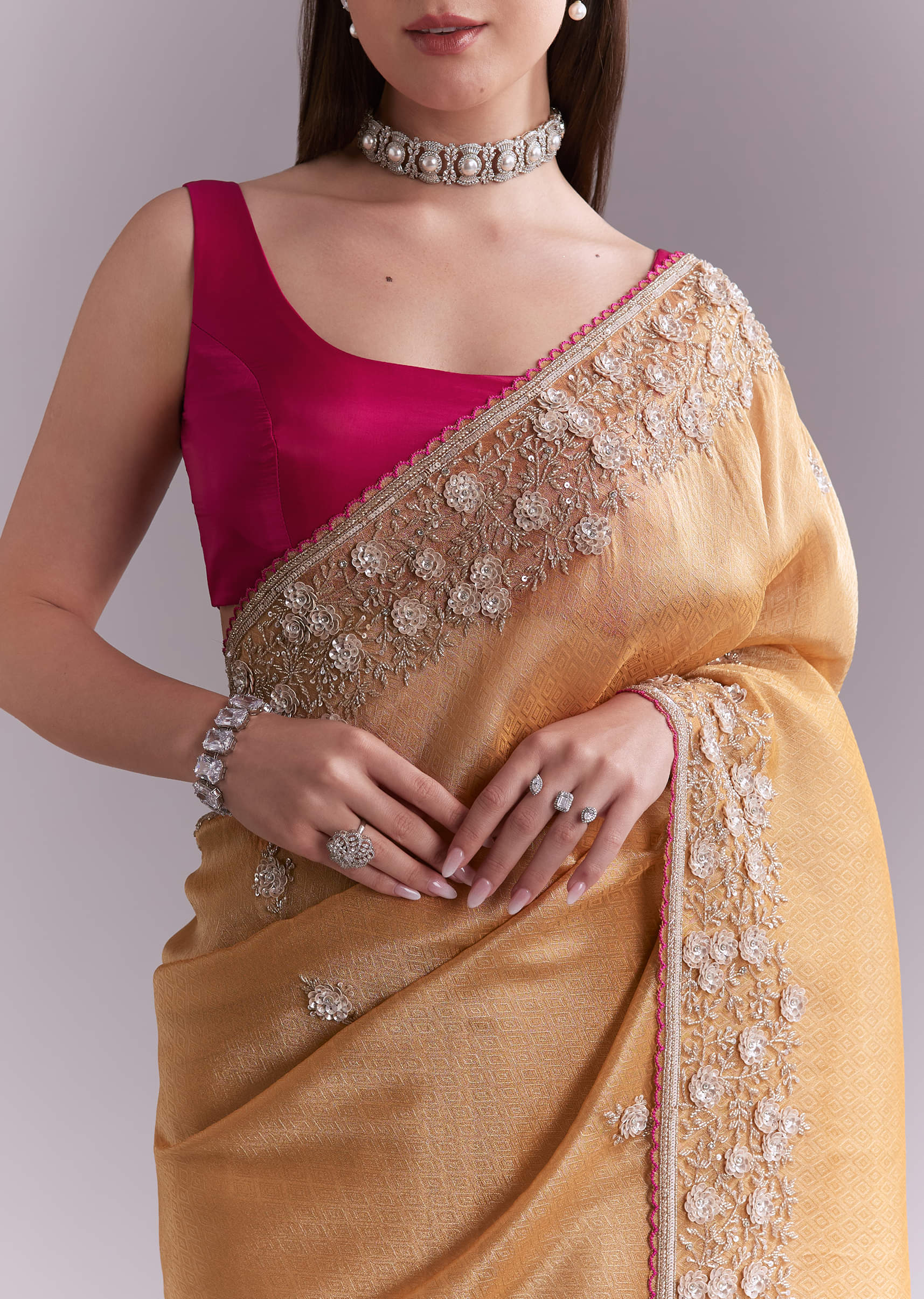 Orange Tissue Saree With Heavy Floral Embroidery