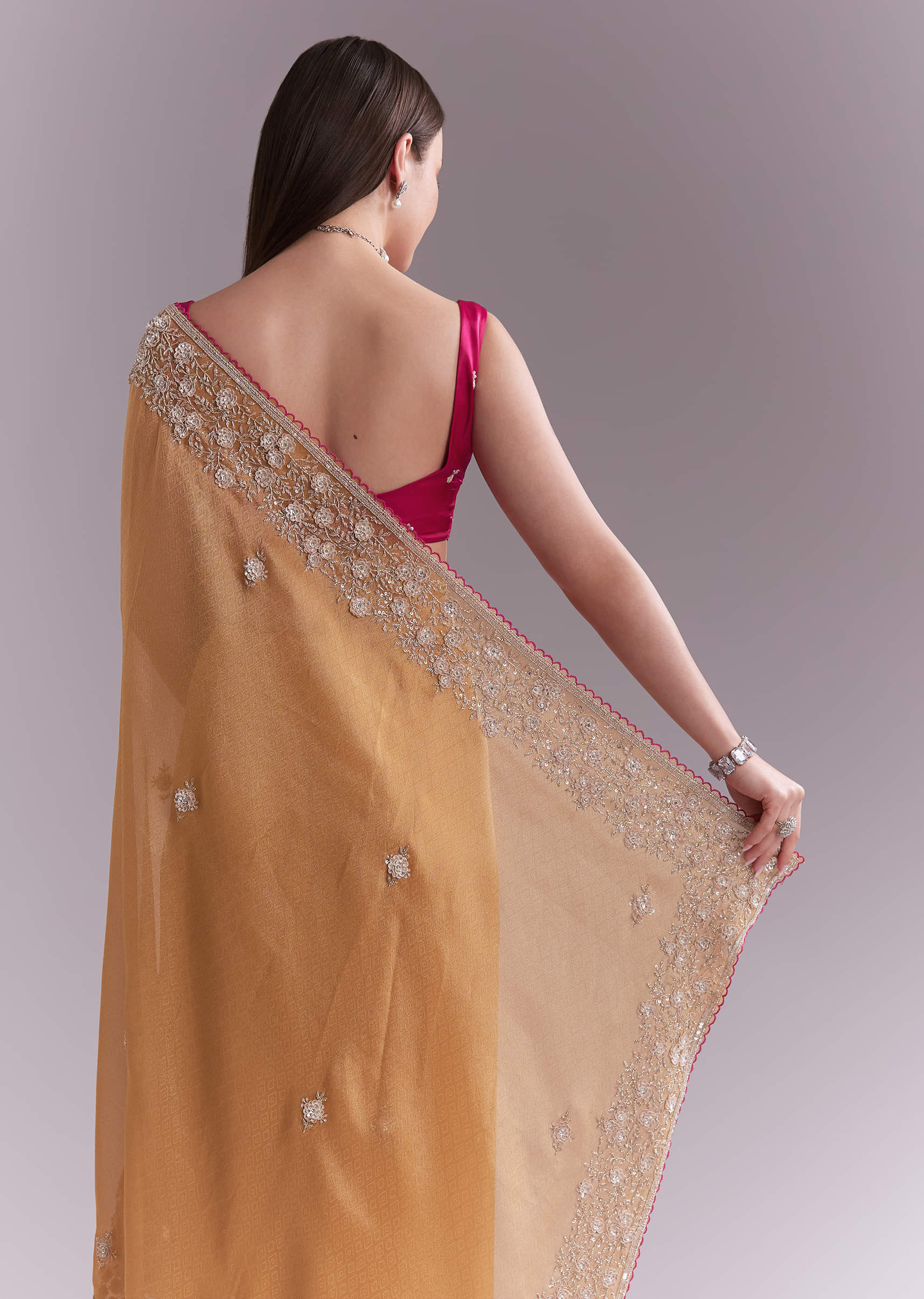 Orange Tissue Saree With Heavy Floral Embroidery