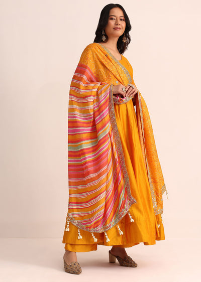 Orange Embroidered Chanderi Anarkali Set With Bandhani And Leheriya Dupatta