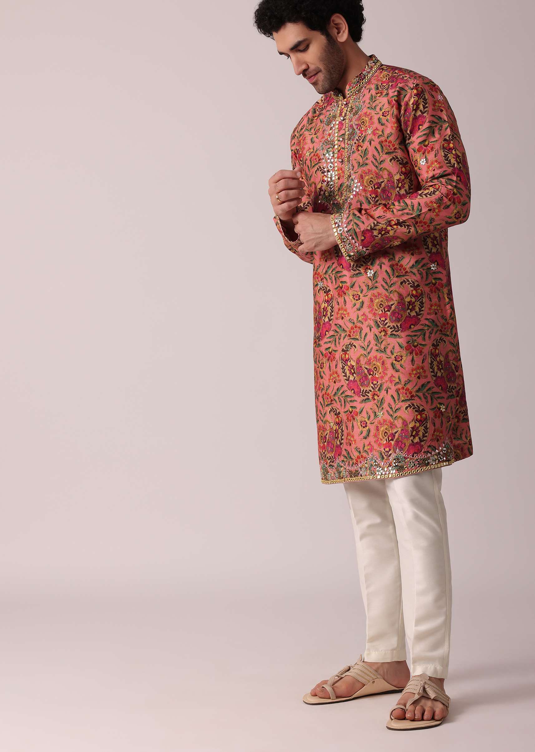 Orange floral printed silk kurta set for men