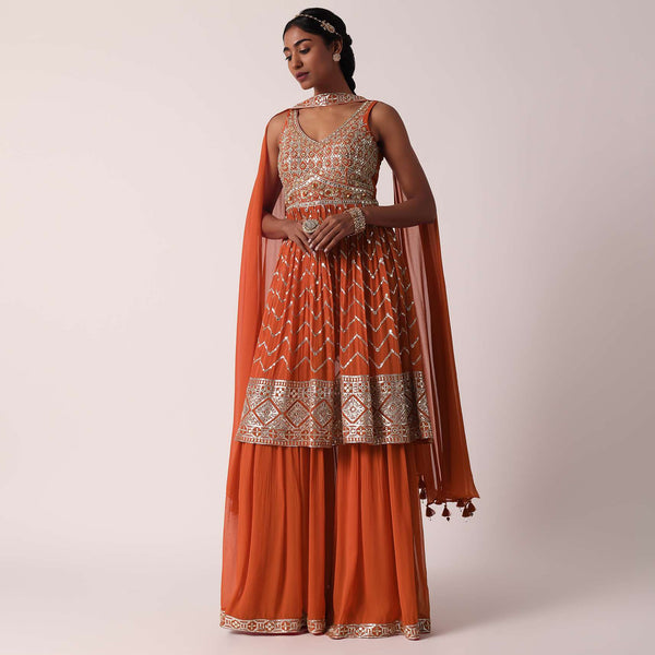 Orange Georgette Sharara Set With Embroidery