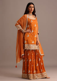 Orange Sequins Kurti Sharara Set With Chanderi Banarasi Dupatta
