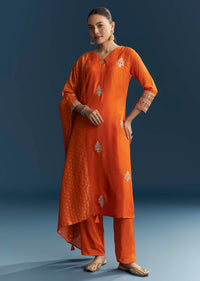 Orange Silk Kurta Set With Gotta Work