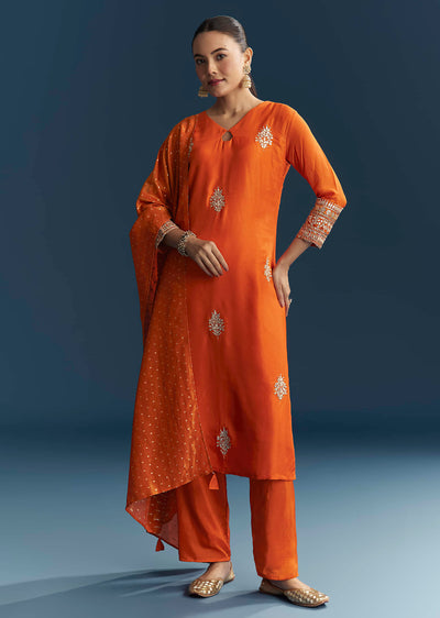 Orange Silk Kurta Set With Gotta Work