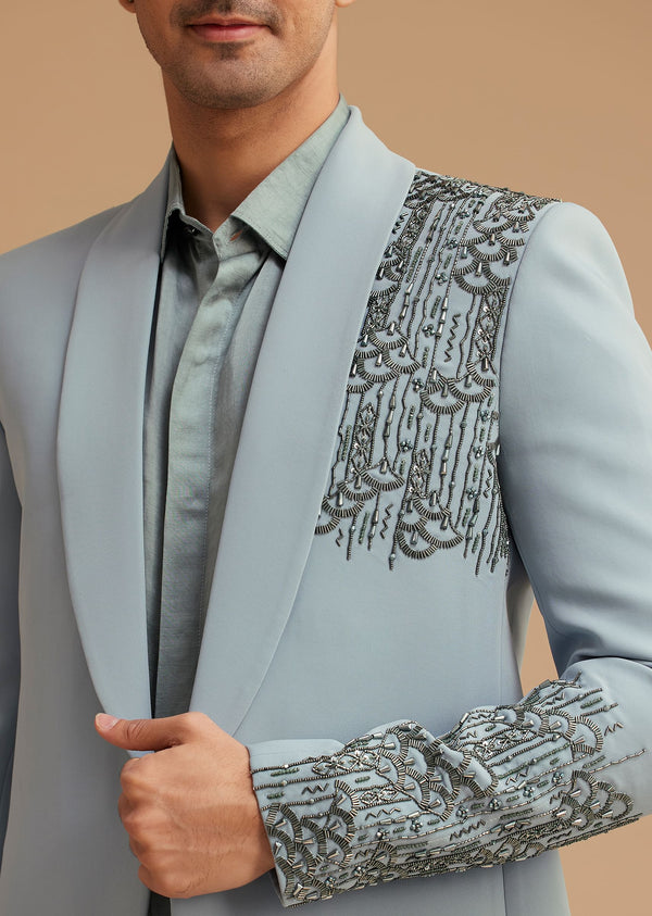 Pale Blue Cotton Satin Tuxedo With Handcrafted Cut Dana Work