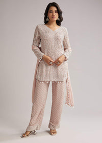 Pale Pink Beaded Kurti Pant Set With Dupatta