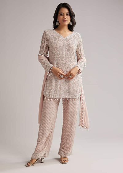 Pale Pink Beaded Kurti Pant Set With Dupatta