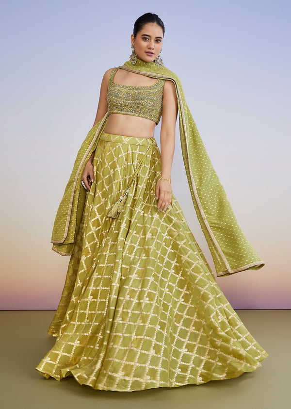 Parrot Green Organza Lehenga