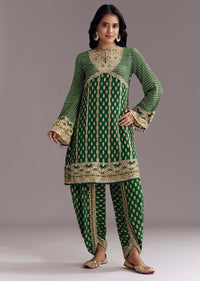 Green Printed Crepe Dhoti Set With Keyhole Neck