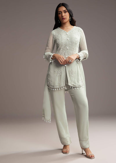 Pastel Green Georgette Kurta Set With Bead Embroidery