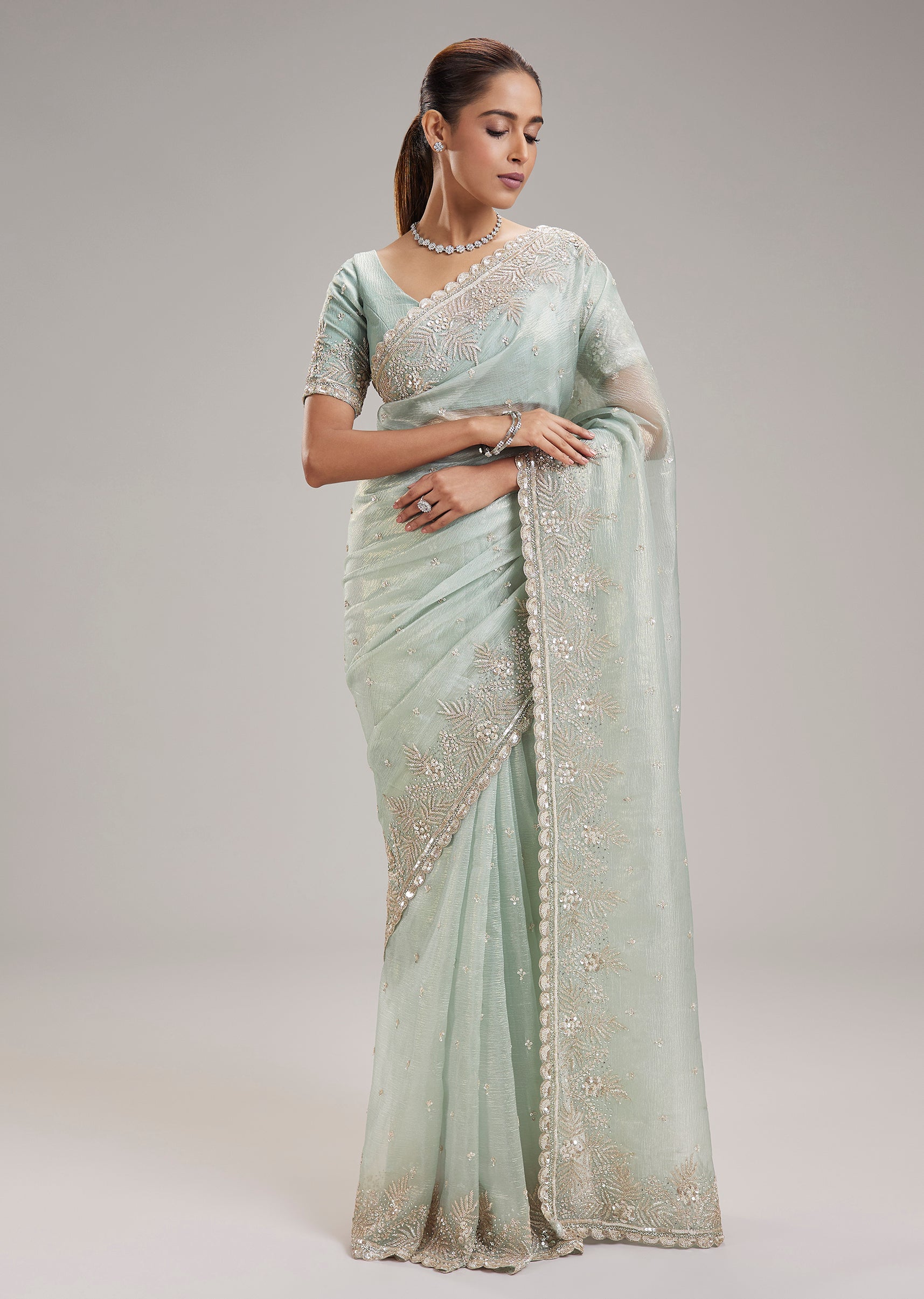 Pastel Green Tissue Saree With Sequins Embroidered Border