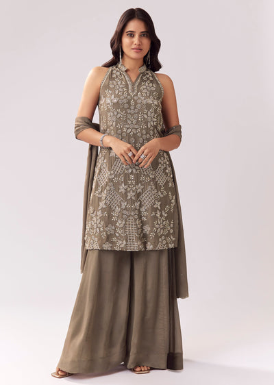 Pastel Grey Chinon Palazzo Suit With Beadwork
