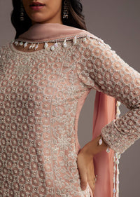 Pastel Peach Georgette Kurta Set With Beads Work