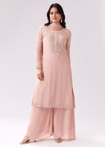 Pastel Pink Chinon Palazzo Suit With Thread And Cutdana