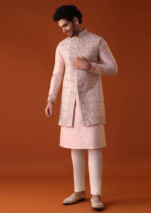 Pastel Pink Embroidered Jacket Kurta Set In Silk