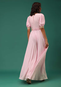 Pastel Pink Embroidered Jumpsuit in Crepe With Mirror Work