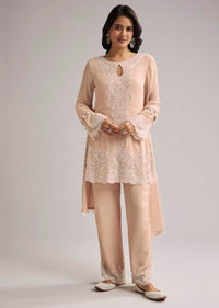 Peach Beaded Kurti Pant Set With Dupatta