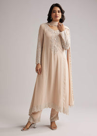 Soft Peach Beaded Kurti Pant Set With Dupatta
