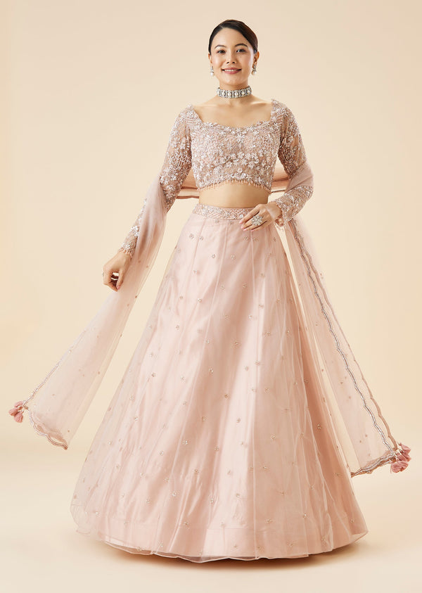 Peach Lehenga Set With Embroidered Motifs and Dupatta