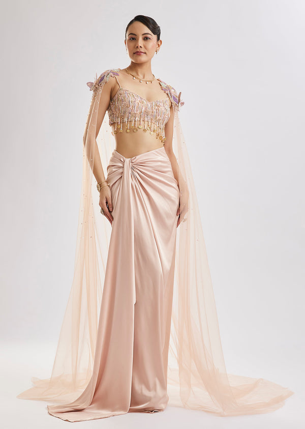 Peach Butterfly Blouse With Draped Skirt And Cape Set