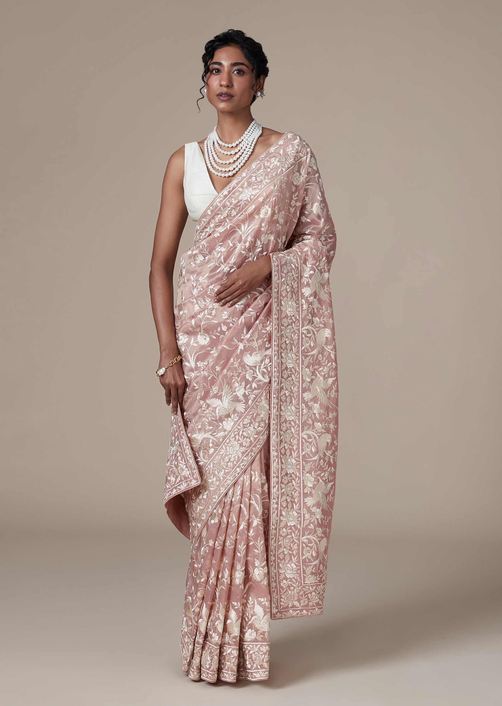Peach Chanderi Saree With All Over Resham Jaal Embroidery
