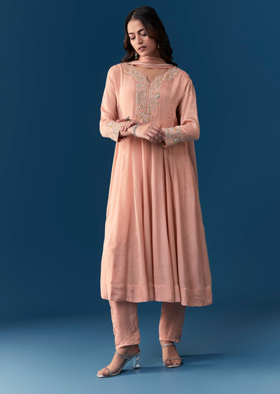Peach Chinon Anarkali Suit With Dupatta And Moti Cut Dana Work Detail