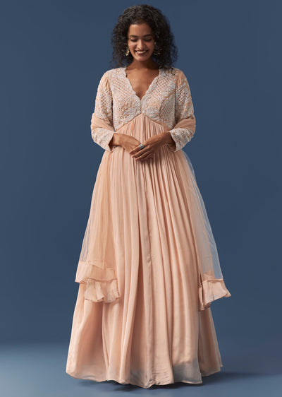 Peach Chinon Embroidered Anarkali Set