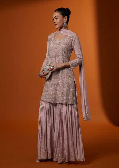Peach Chinon Floral Embroidered Sharara Suit Set