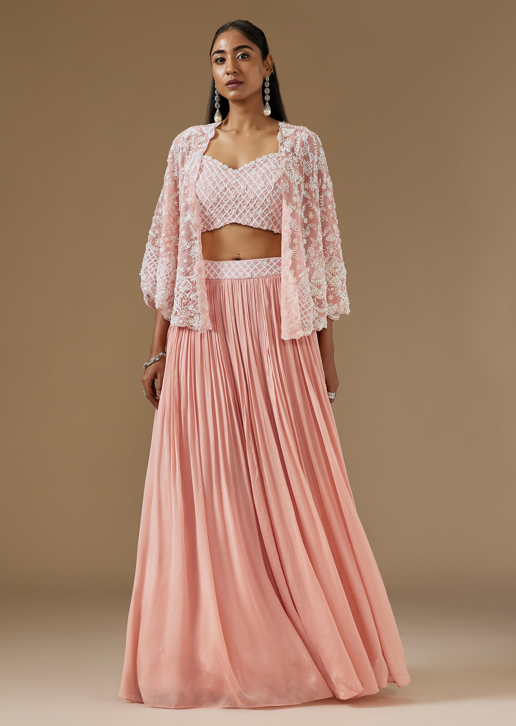 Peach Chinon Fusion Lehenga With Moti And Cut Dana Embellished Cape