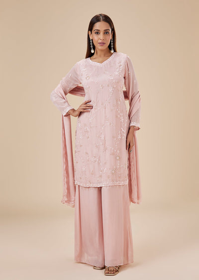 Peach Chinon Sequin Embroidered Sharara Suit Set