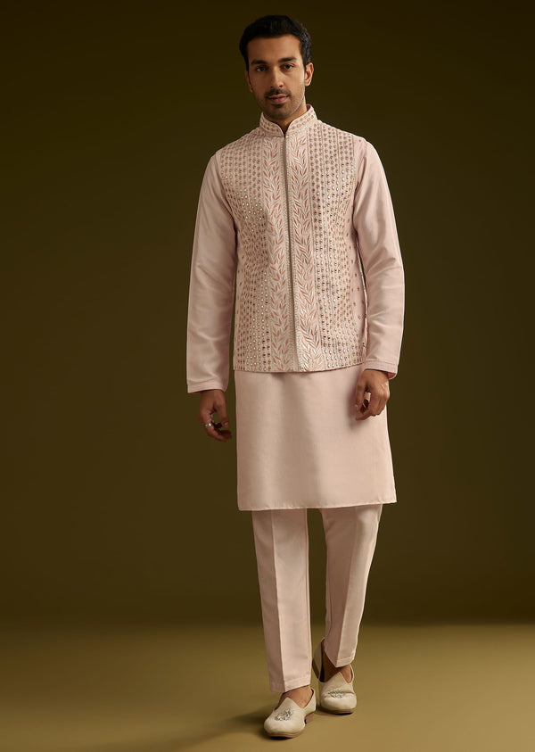 Peach Cotton Silk Kurta With Mirror Threadwork Jacket